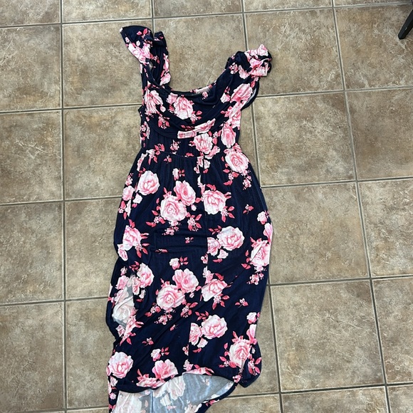 Sweet Lovely by Jen Navy with Pink Floral Curved Hem Full Length Size M - Picture 5 of 6